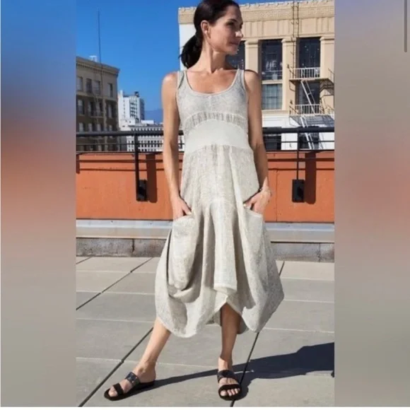 Inizio | Dresses | Inizio Linen Magic Stone Taupe Grey White Sleeveless  Midi Sundress Dress Size L | Poshmark